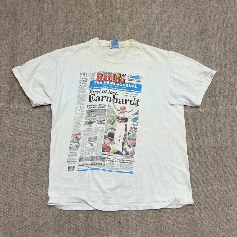 Vintage Dale Earnhardt Shirt Mens Large White 1990s Nascar Newspaper‎